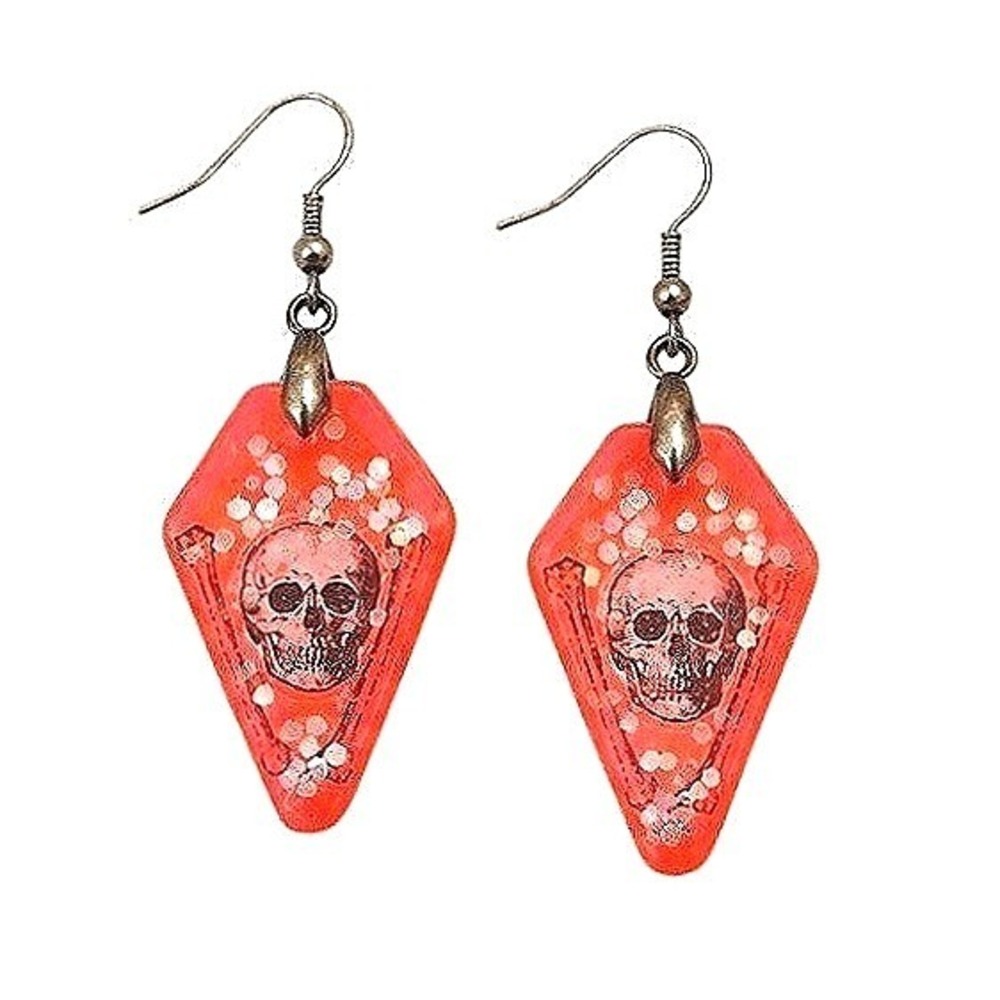 Orange Coffin Skull Resin Dangle Earrings Glitter Goth Halloween OOAK